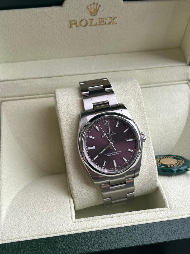 Rolex Oyster Perpetual 34mm Stainless Steel Red Grape Dial Oyster Watch 114200