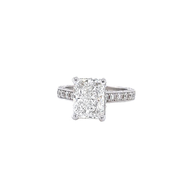 3.01ct GIA Radiant Cut 18K White Natural Diamond Ring with Pave Diamonds