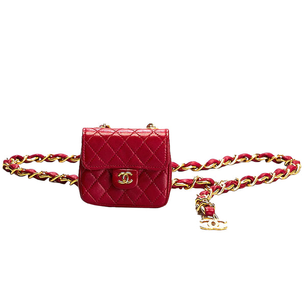 Chanel Matelasse Chain Fanny Belt Red Lambskin Leather Bag