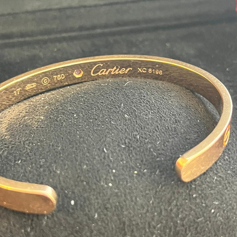 Cartier Love Bangle Bracelet 18 Karat Rose Gold with Sapphire Gemstone Size 17