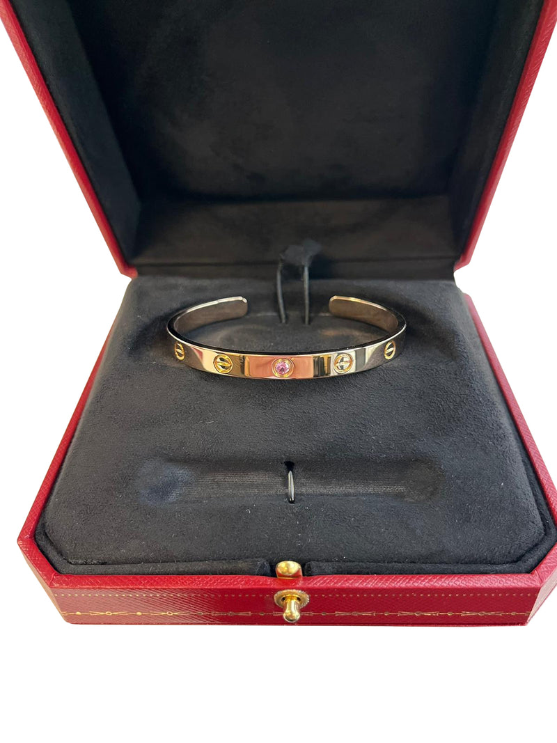 Cartier Love Bangle Bracelet 18 Karat Rose Gold with Sapphire Gemstone Size 17