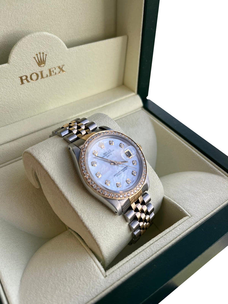 Rolex Oyster Perpetual Date 34mm Two Tone MOP Diamond Dial Bezel Watch 15053