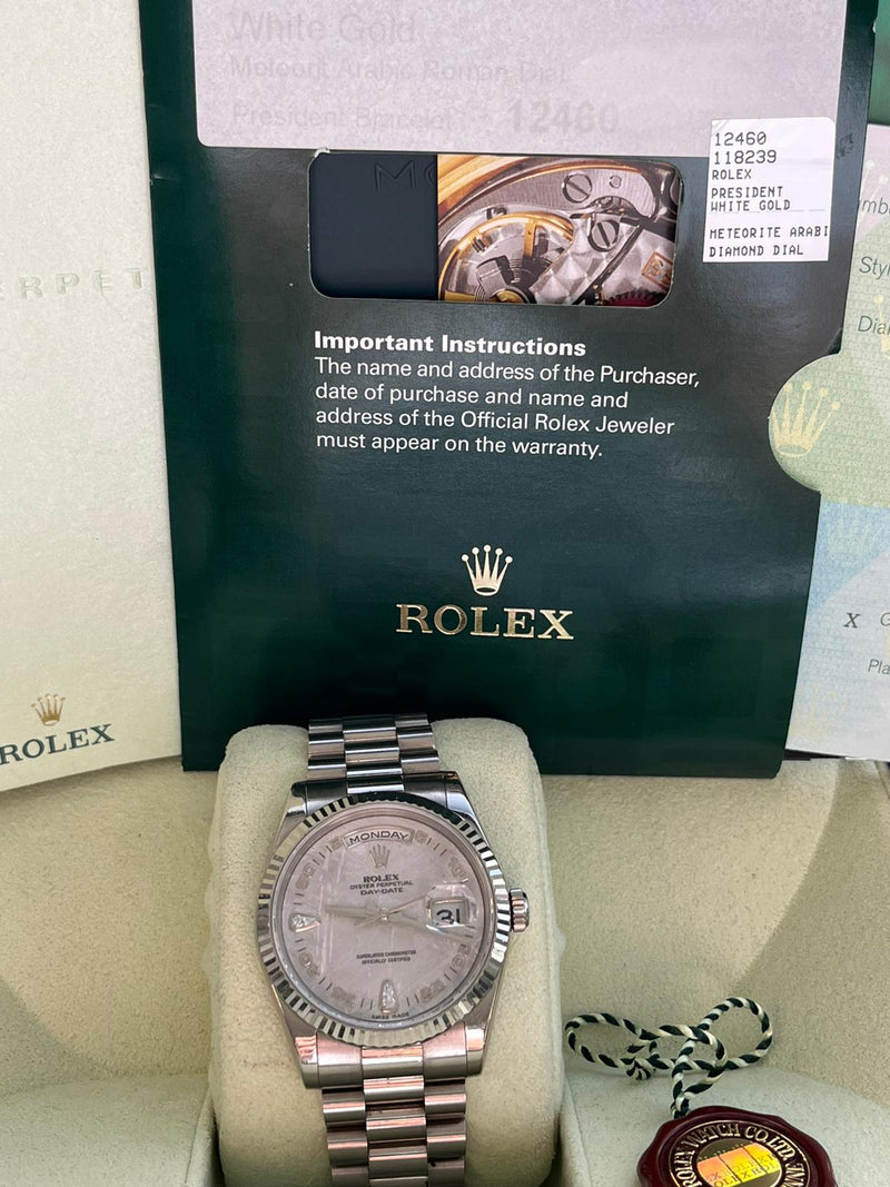 Rolex Day-Date 36mm 18k White Gold Fluted Bezel Meteorite 2 Diamonds Dial 118239