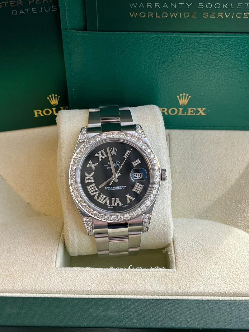 Rolex Datejust II 41mm 4.8ct Diamond Roman Dial Bezel Oyster Steel Watch 116300