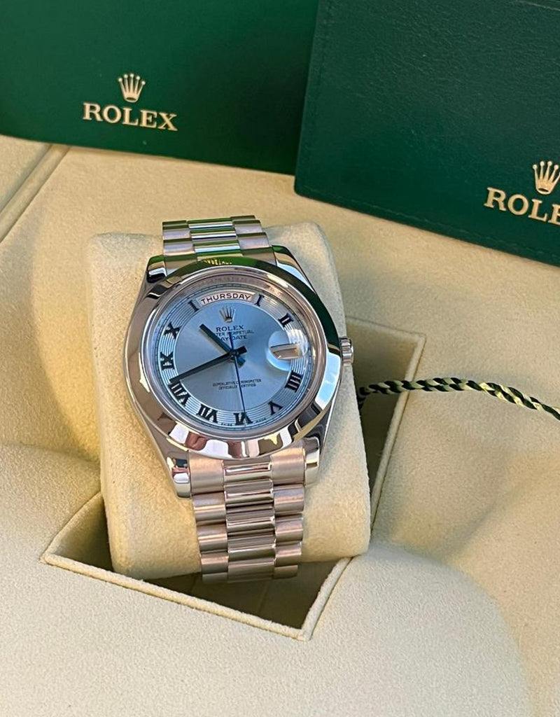 Rolex President Day-Date II 41mm Ice Blue Roman Dial Platinum Watch 218206