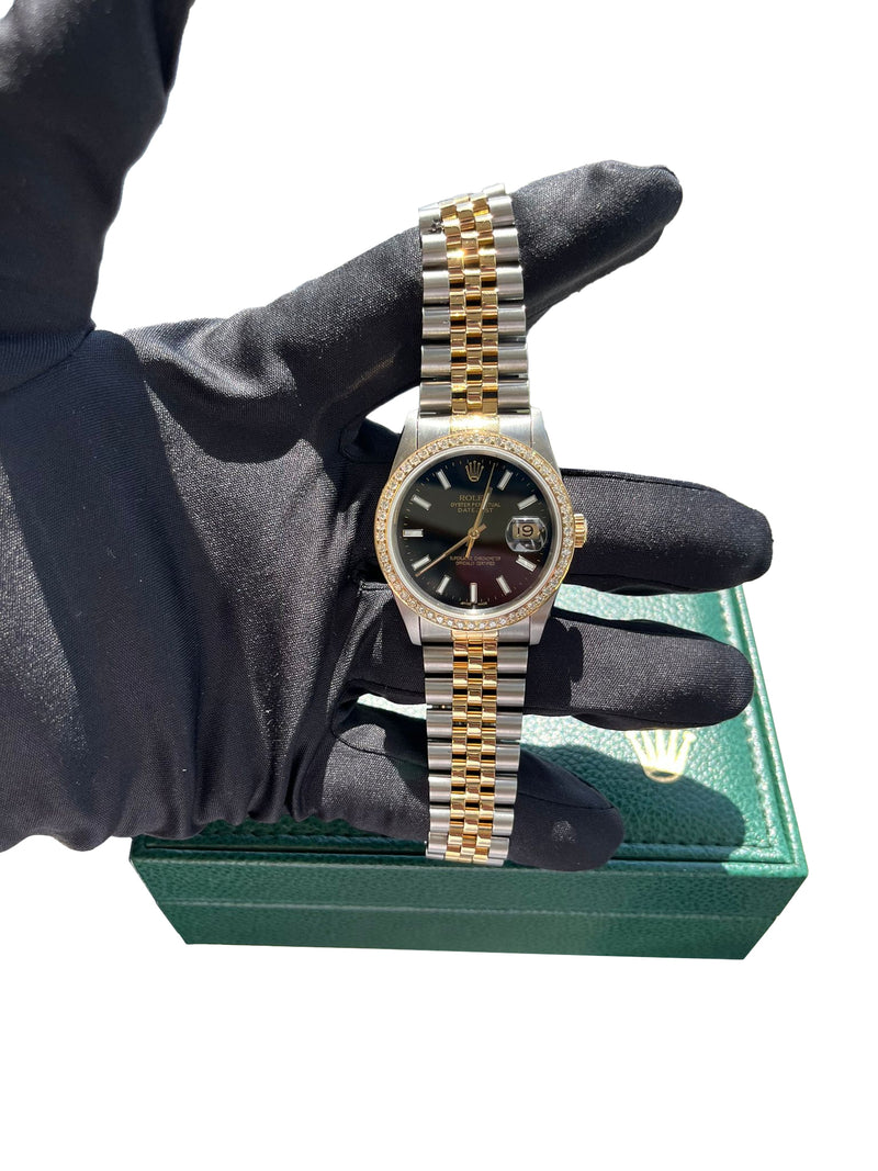 Rolex Datejust 36mm Black Dial 18K Yellow Gold Custom Diamond Bezel Watch 16233