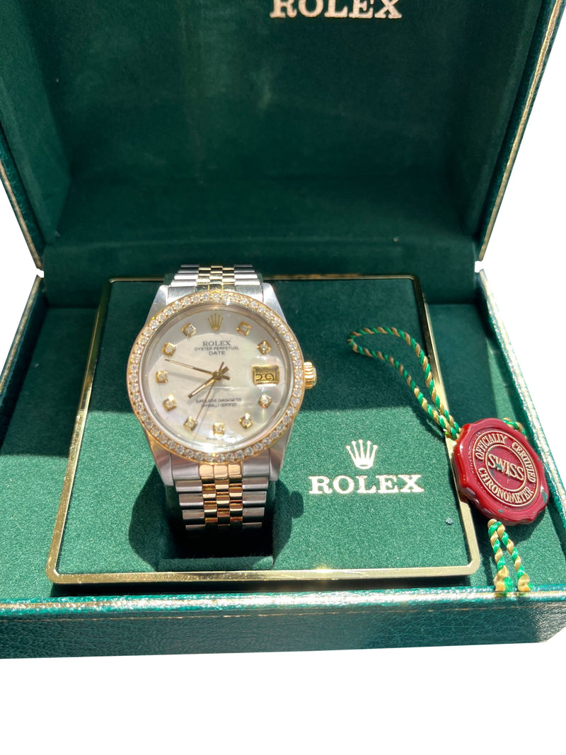Rolex Oyster Perpetual Date 34mm MOP Diamond Dial Bezel Two-Tone Watch 15053