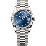 Rolex Day-Date 40mm White Gold Bright Blue Roman Dial Fluted Bezel Watch 228239