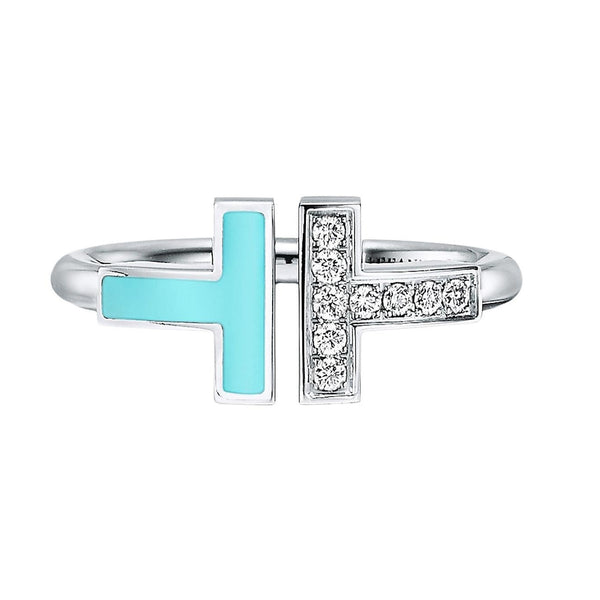 Tiffany & Co T Diamond & Turquoise Wire Ring with Round Diamonds 18k White Gold