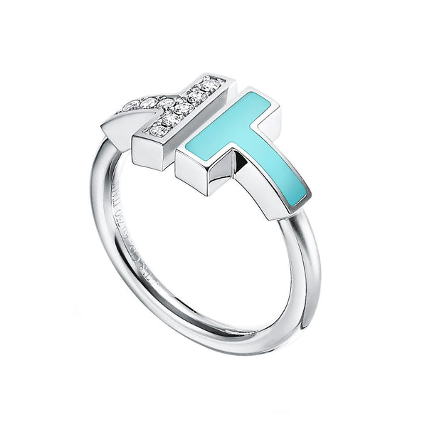 Tiffany & Co T Diamond & Turquoise Wire Ring 18k White Gold 9 Round Diamonds