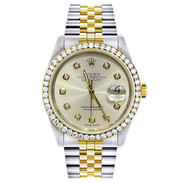 Rolex Datejust 36mm Grey Diamond Dial Steel Yellow Gold Bezel Mens Watch 16233
