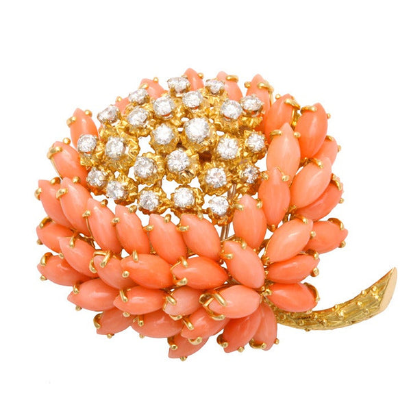 Van Cleef & Arpels 1.75 Carat Coral & Round Diamonds Brooch 18K Yellow Gold