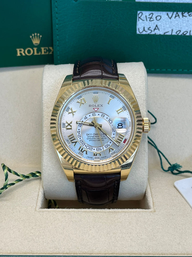Rolex Sky Dweller 18kt Yellow Gold Silver Dial Brown Leather Mens Watch 326138
