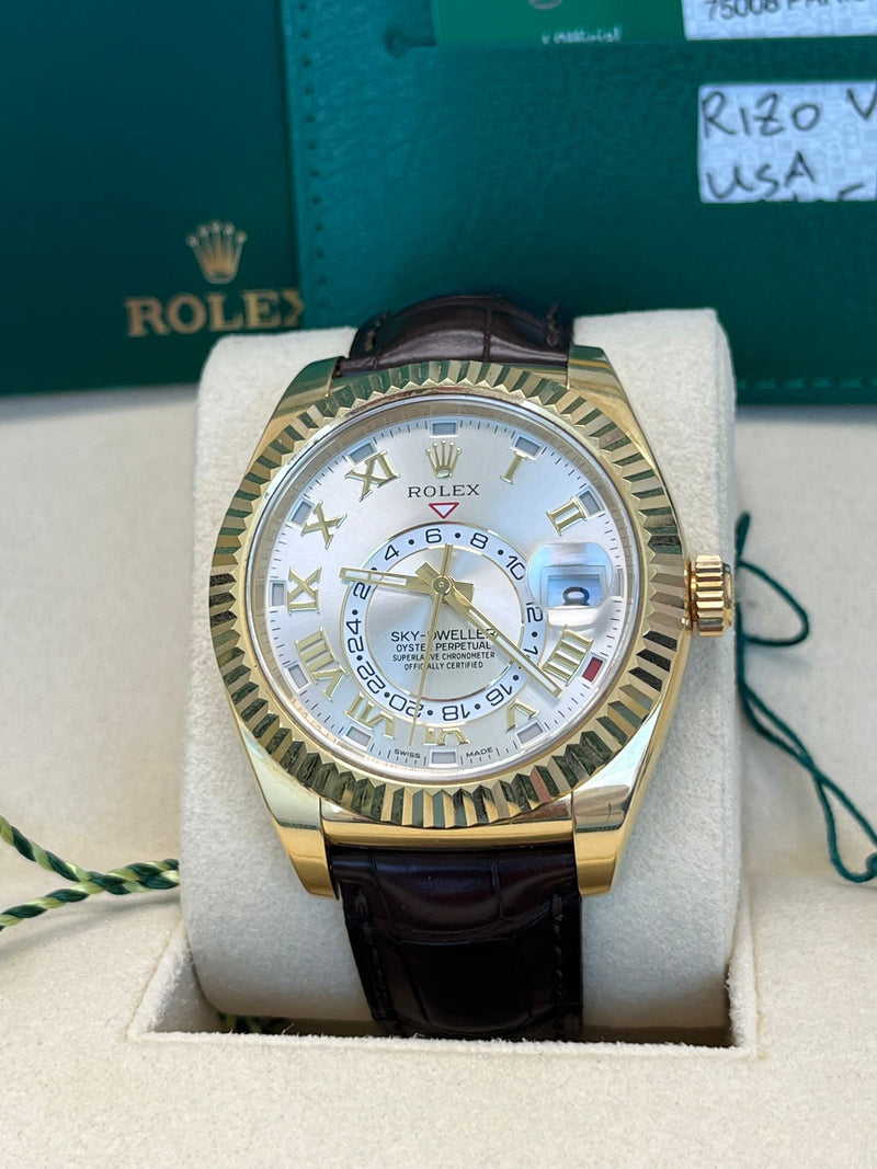 Rolex Sky Dweller 18kt Yellow Gold Silver Dial Brown Leather Mens Watch 326138