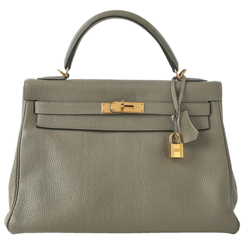 Hermes Kelly 32 Retourne Sauge Khaki Clemence Leather Twist Lock Gold Hardware