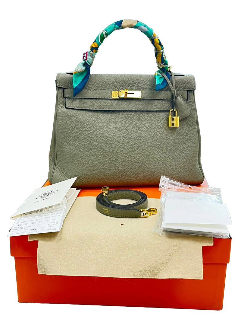 Hermes Kelly 32 Retourne Sauge Khaki Clemence Leather Twist Lock Gold Hardware