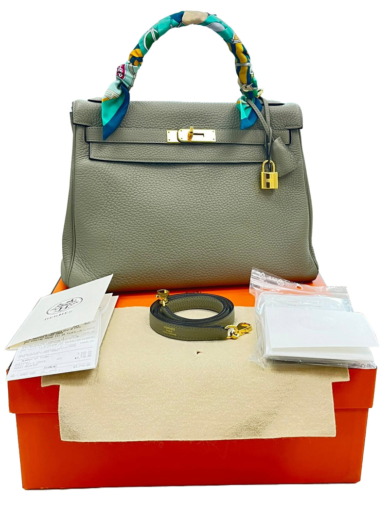 Hermes Kelly 32 Retourne Sauge Khaki Clemence Leather Twist Lock Gold Hardware