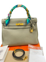 Hermès Kelly 32 Khaki Sauge Togo Leather Twist Lock Gold Plated Hardware Handbag