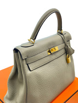 Hermes Kelly 32 Retourne Sauge Khaki Clemence Leather Twist Lock Gold Hardware