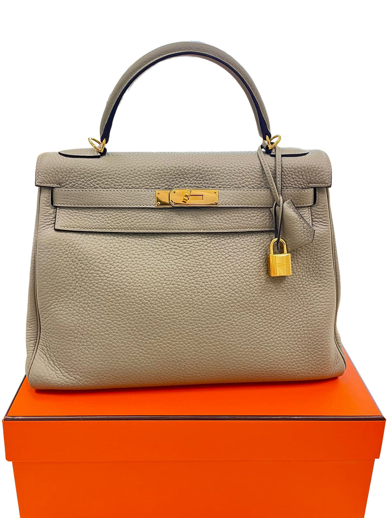 Hermes Kelly 32 Retourne Sauge Khaki Clemence Leather Twist Lock Gold Hardware