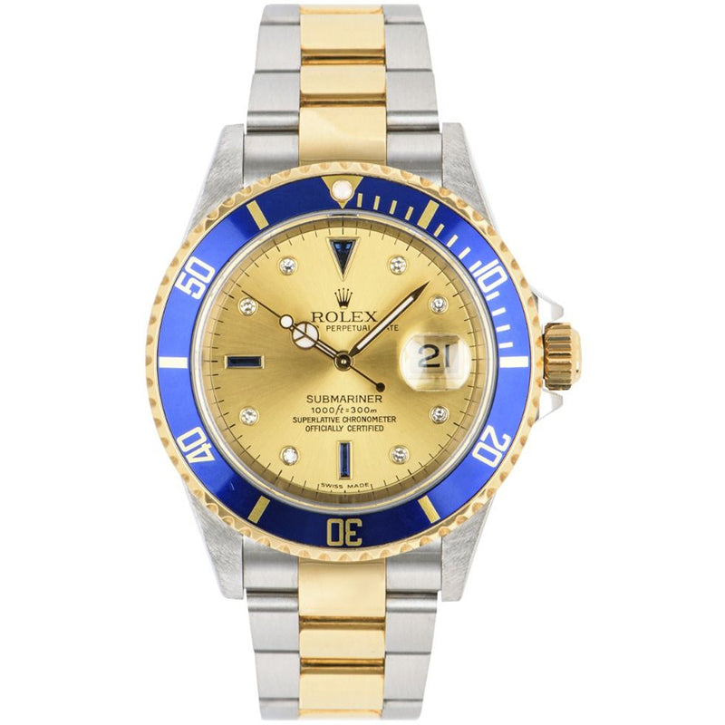 Rolex Submariner Date Champagne Serti Diamond Sapphire Dial Two-Tone Watch 16613