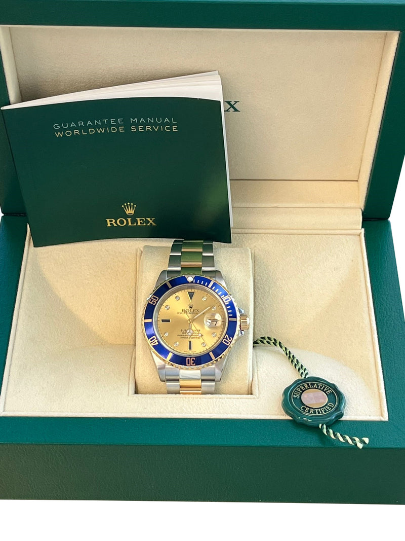 Rolex Submariner Date Champagne Serti Diamond Sapphire Dial Two-Tone Watch 16613