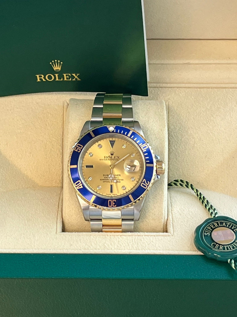 Rolex Submariner Date Champagne Serti Diamond Sapphire Dial Two-Tone Watch 16613