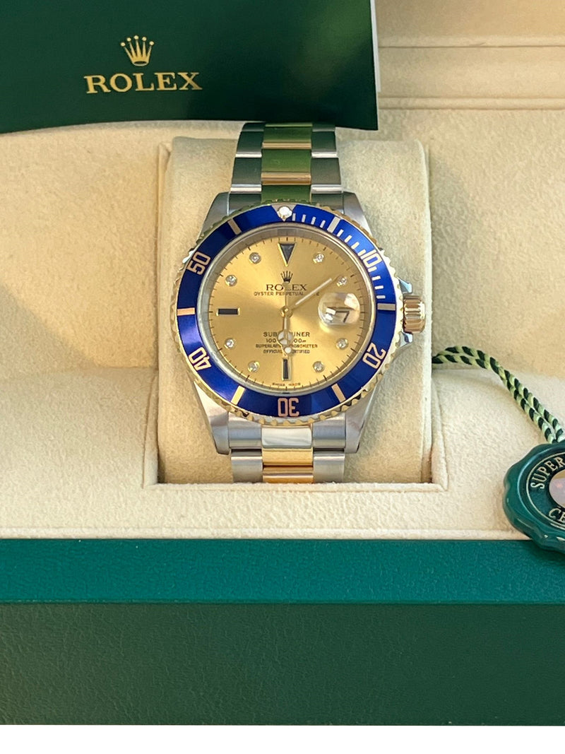 Rolex Submariner Date Champagne Serti Diamond Sapphire Dial Two-Tone Watch 16613