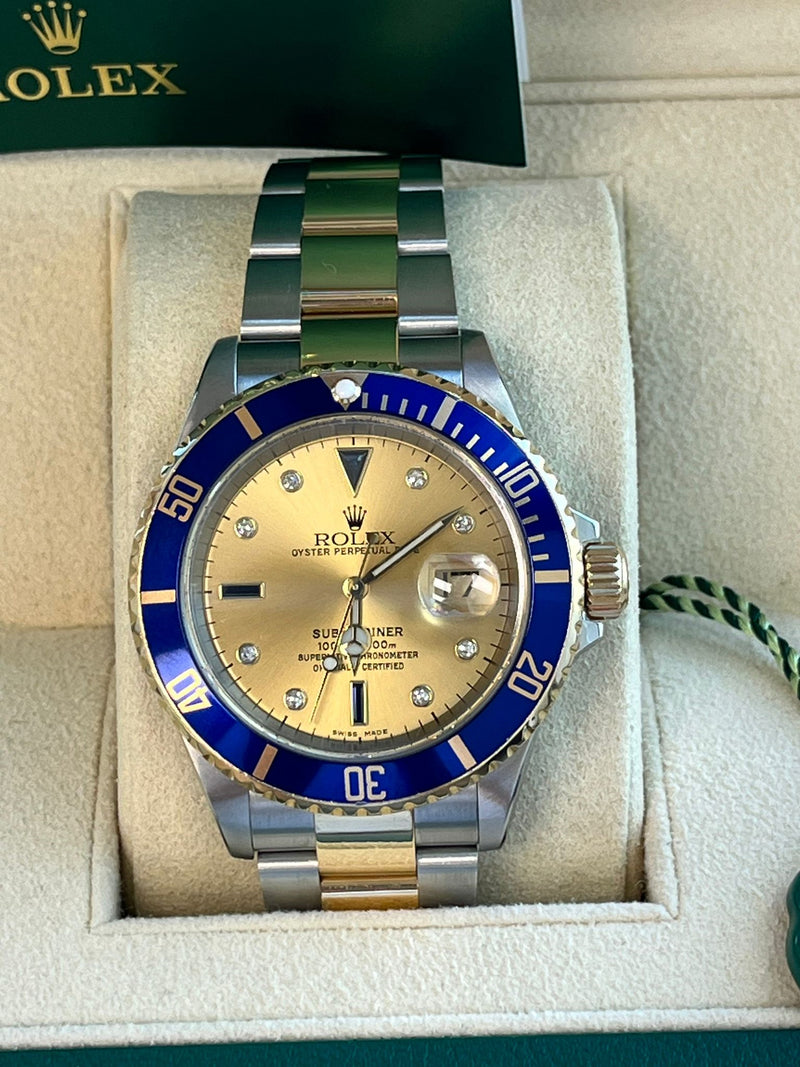 Rolex Submariner Date Champagne Serti Diamond Sapphire Dial Two-Tone Watch 16613