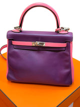 Hermes Kelly 25 Bubblegum / Purple Two Tone Swift leather Palladium Hardware