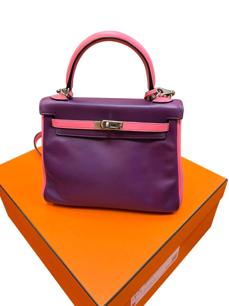 Hermes Kelly 25 Bubblegum / Purple Two Tone Swift leather Palladium Hardware