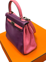 Hermes Kelly 25 Bubblegum / Purple Two Tone Swift leather Palladium Hardware