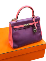 Hermes Kelly 25 Bubblegum / Purple Two Tone Swift leather Palladium Hardware