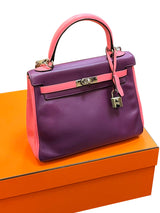 Hermes Kelly 25 Bubblegum / Purple Two Tone Swift leather Palladium Hardware