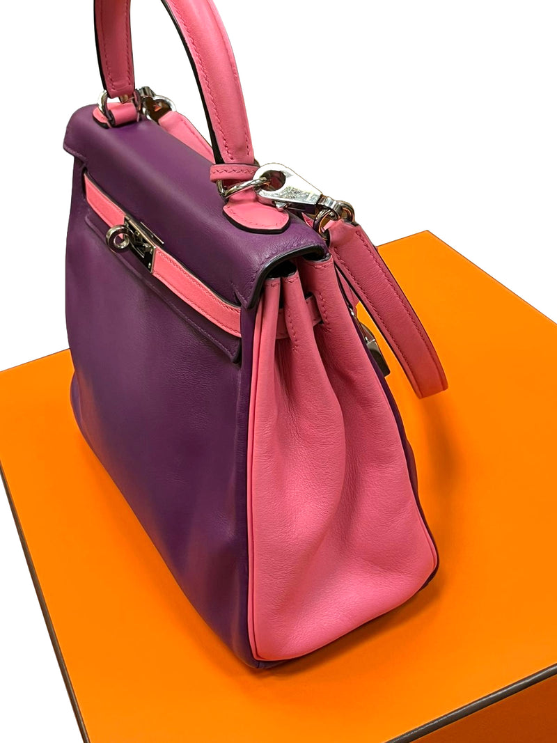 Hermes Kelly 25 Bubblegum / Purple Two Tone Swift leather Palladium Hardware