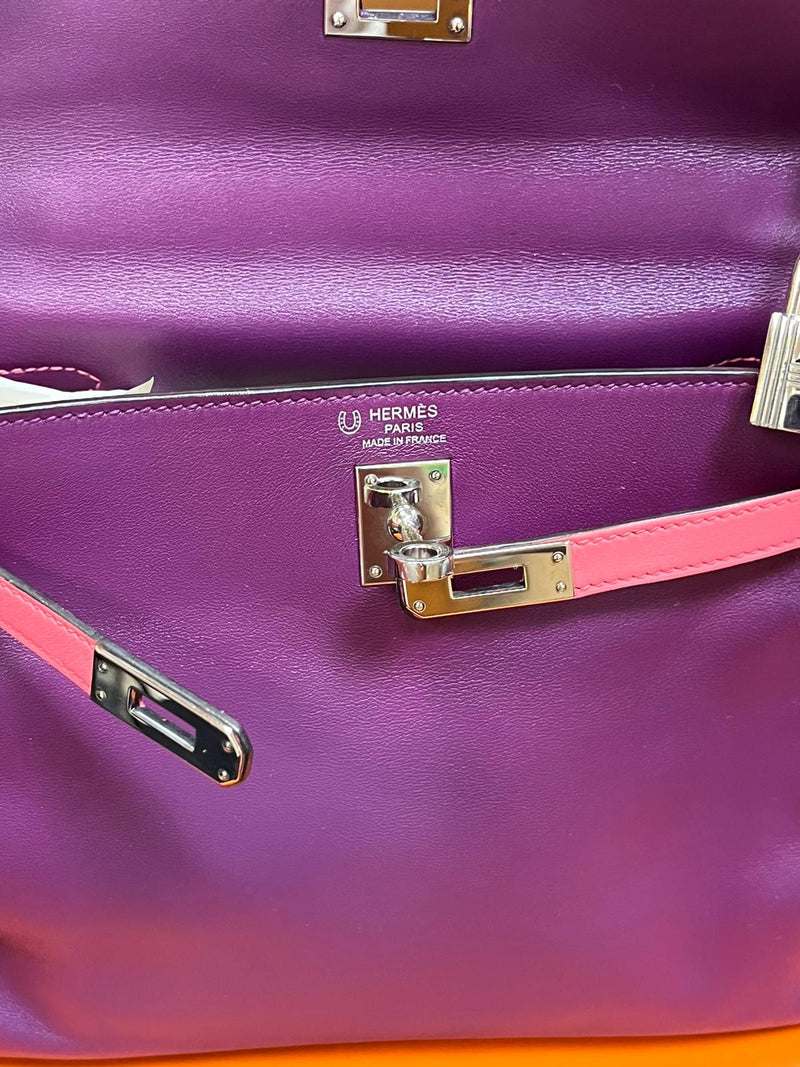 Hermes Kelly 25 Bubblegum / Purple Two Tone Swift leather Palladium Hardware