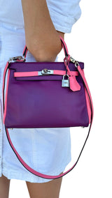 Hermes Kelly 25 Bubblegum / Purple Two Tone Swift leather Palladium Hardware