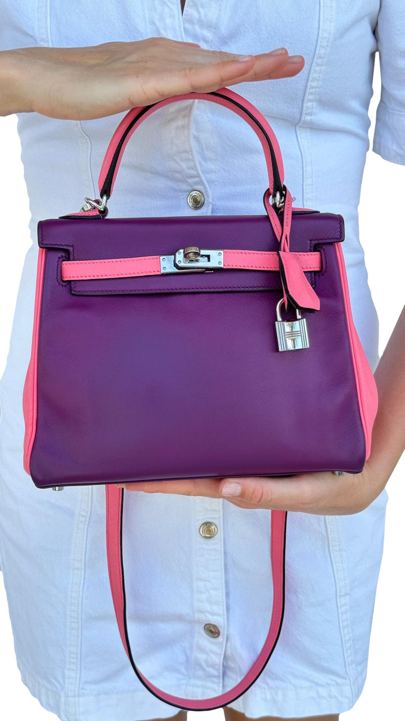 Hermes Kelly 25 Bubblegum / Purple Two Tone Swift leather Palladium Hardware