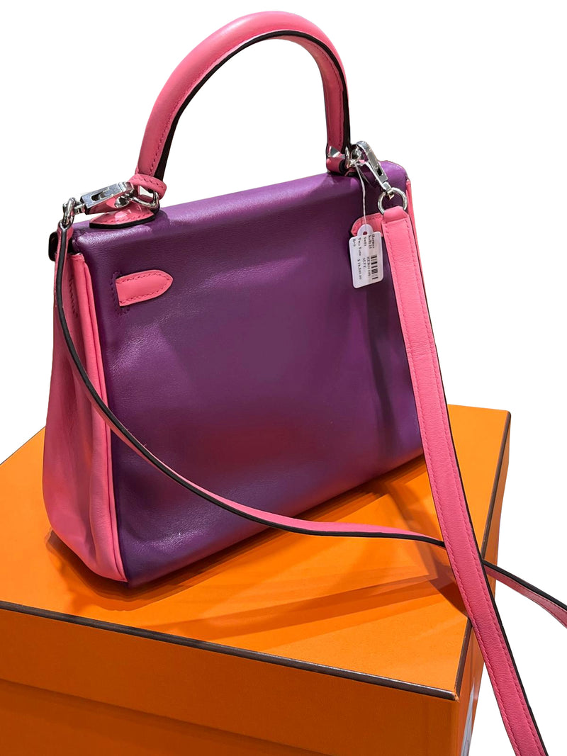 Hermes Kelly 25 Bubblegum / Purple Two Tone Swift leather Palladium Hardware