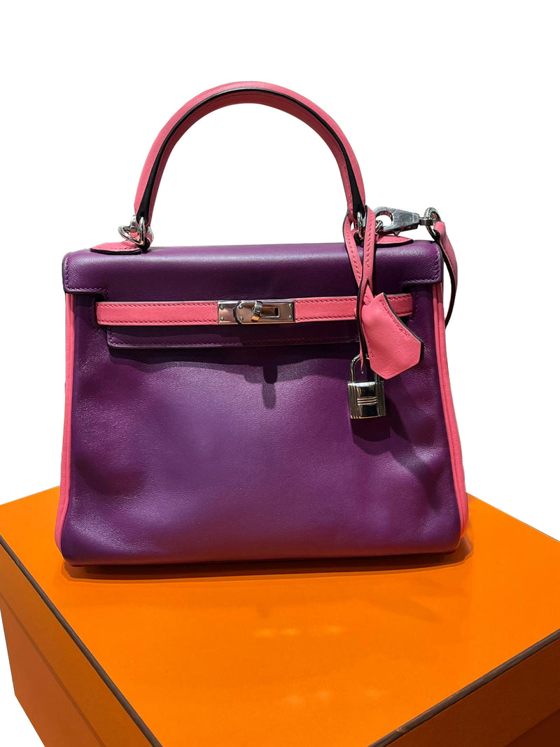 Hermes Kelly 25 Bubblegum / Purple Two Tone Swift leather Palladium Hardware