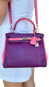 Hermes Kelly 25 Bubblegum / Purple Two Tone Swift leather Palladium Hardware