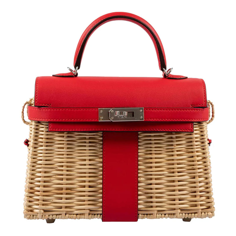 Hermes Mini Picnic Kelly 20 Rouge de Coeur Swift Osier Wicker Palladiu Cashing Diamonds