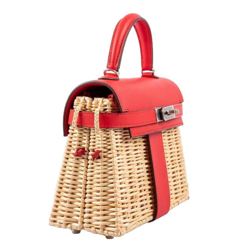 Hermes Mini Picnic Kelly 20 Rouge de Coeur Swift Osier Wicker Palladium Hardware