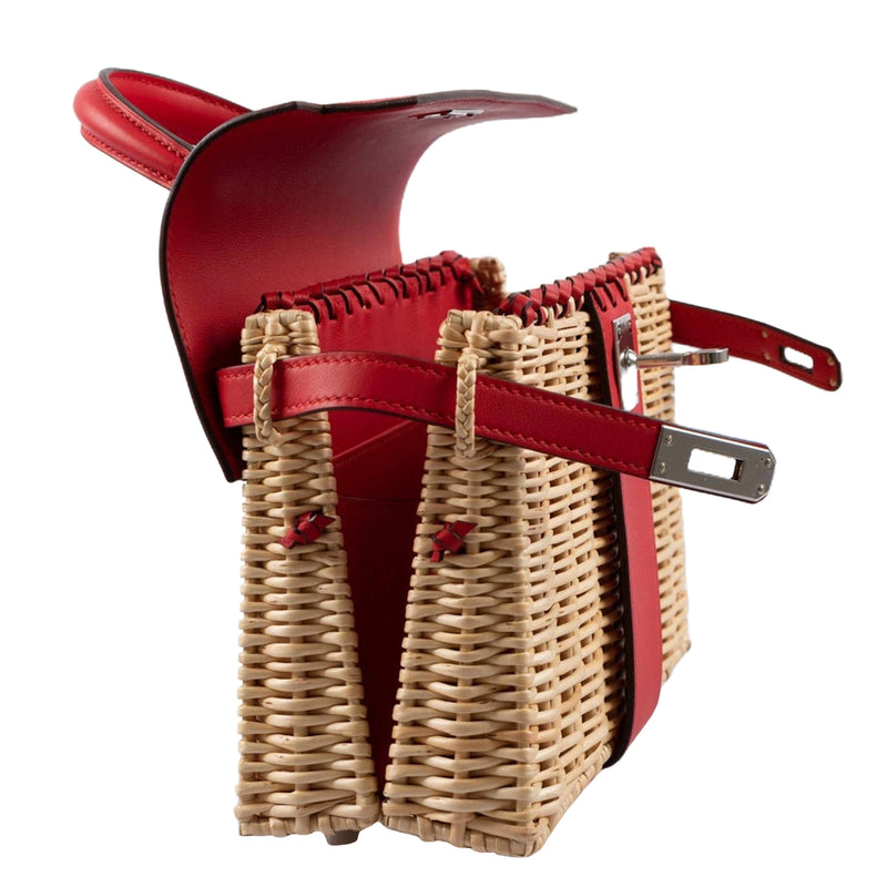 Hermes Mini Picnic Kelly 20 Rouge de Coeur Swift Osier Wicker Palladium Hardware