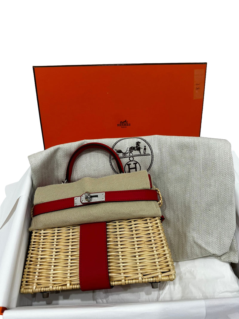 Hermes Mini Picnic Kelly 20 Rouge de Coeur Swift Osier Wicker Palladium Hardware