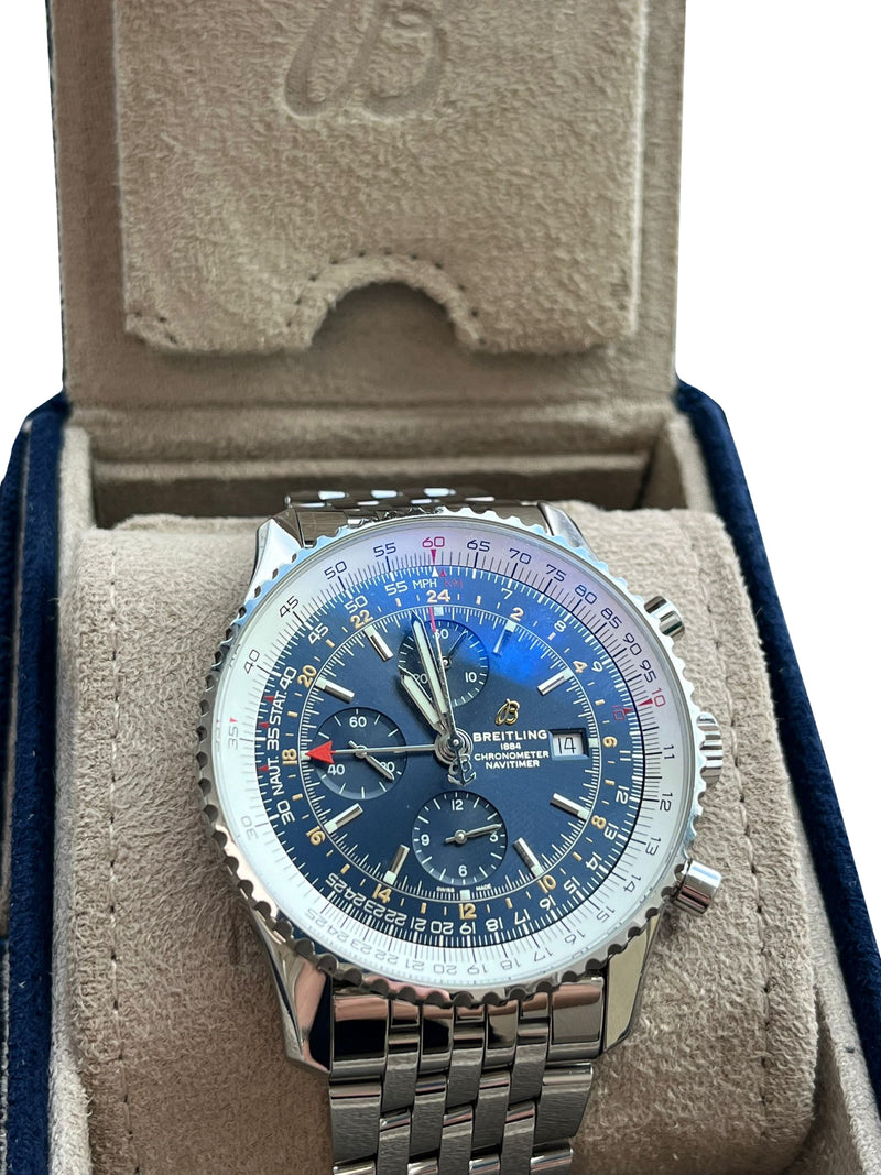 Breitling Navitimer World 46mm Chronograph Blue Dial Steel Band Men Watch A24322