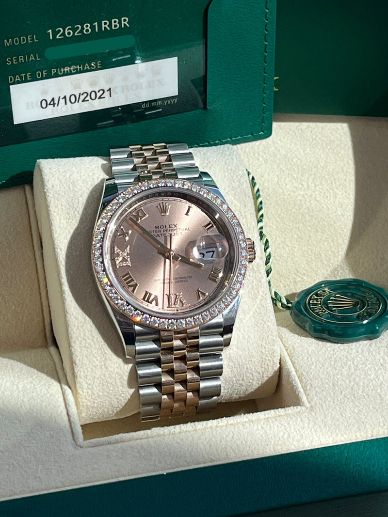 Rolex Datejust 36 Gold Steel Rose Roman Diamond VI Dial Bezel Watch 126281RBR