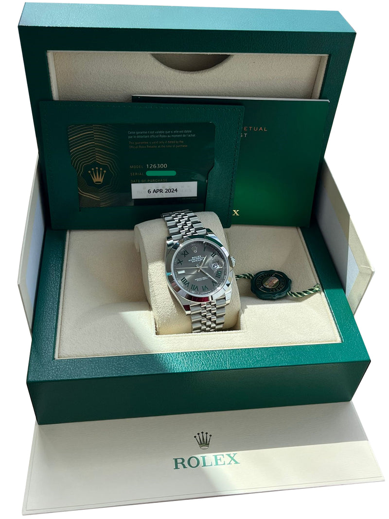 Rolex Datejust 41mm Wimbledon Gray Green Roman Dial Smooth Bezel Watch 126300