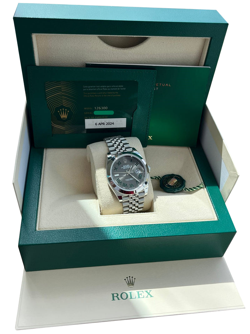 Rolex Datejust 41mm Wimbledon Gray Green Roman Dial Smooth Bezel Watch 126300