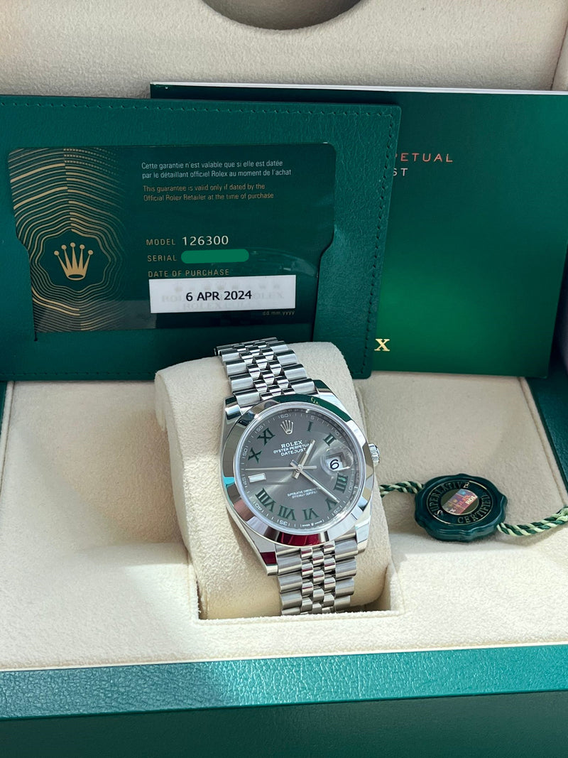 Rolex Datejust 41mm Wimbledon Gray Green Roman Dial Smooth Bezel Watch 126300